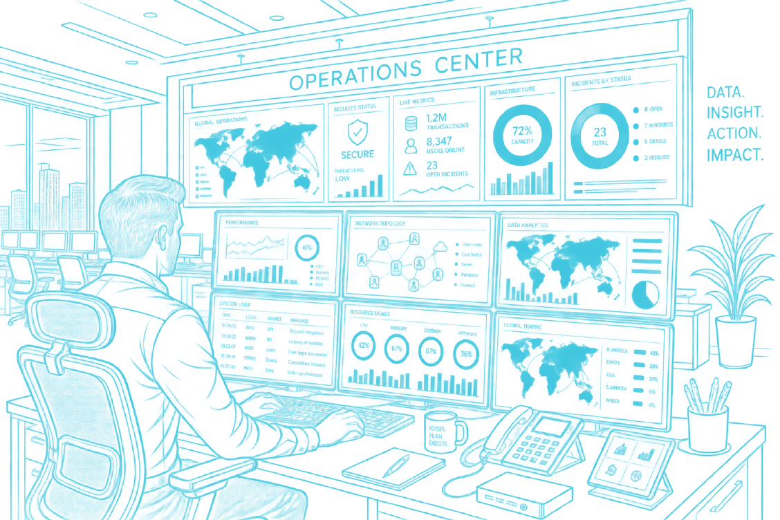 An emergency operations center: an operator at a console facing a wall of screens showing global operations maps, security status, live metrics and incidents by status.